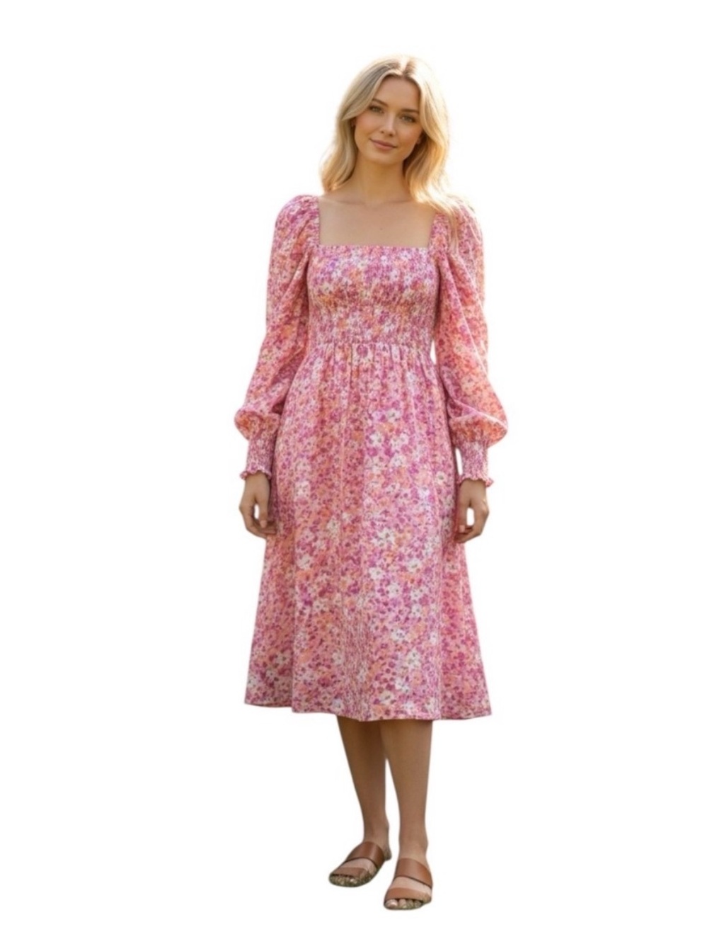 Beautiful Smocked Square-Neck Pink Floral Midi Dress with Puff Sleeves Size S